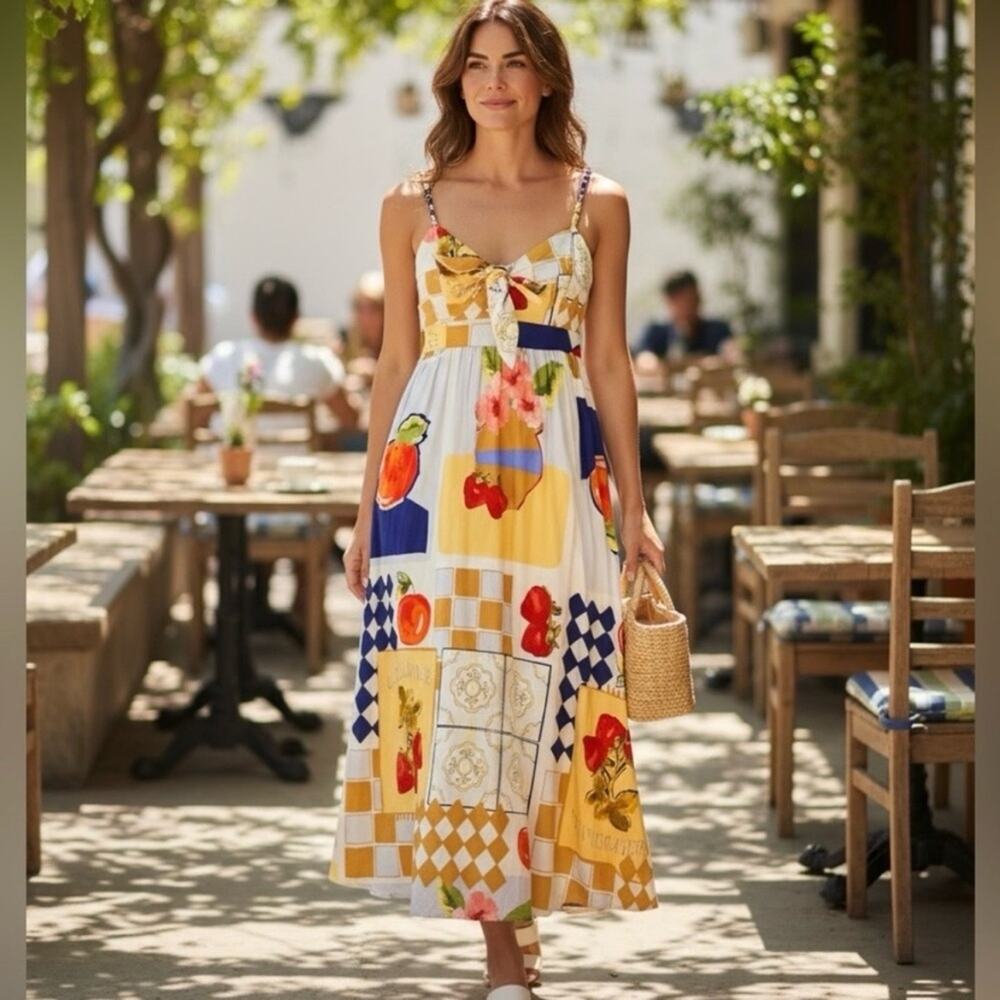 Caroline Constas Summer Resort Dress with Fruit and Floral Design, Size Large